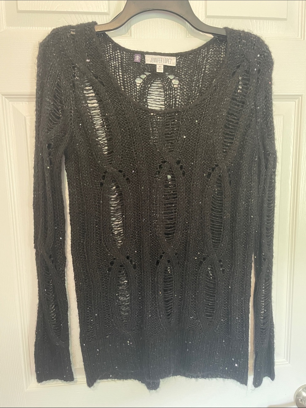 Jennifer Lopez Black Distressed Open-Knit Scoop Neck Sweater